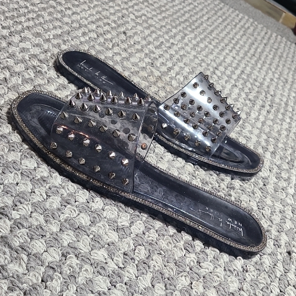 Nicole Miller Clear Gray Rhinestone Studded Jelly Slide Slip On Sandals Size 8